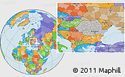 Gray Location Map of Romania, political outside, hill shading