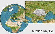 Gray Location Map of Romania, satellite outside, hill shading