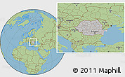 Gray Location Map of Romania, savanna style outside, hill shading inside