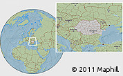 Gray Location Map of Romania, savanna style outside, hill shading outside