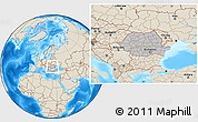 Gray Location Map of Romania, shaded relief outside, hill shading