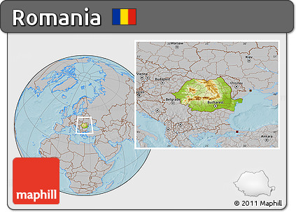 Physical Location Map of Romania, gray outside, hill shading