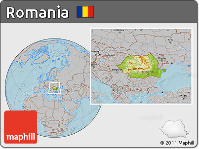 Physical Location Map of Romania, gray outside, hill shading