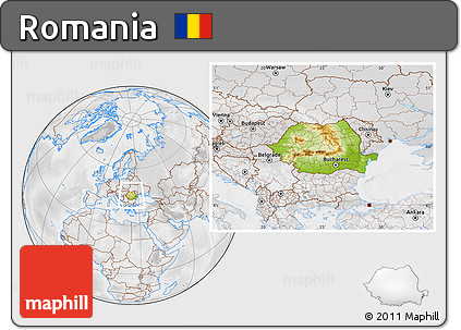 Physical Location Map of Romania, lighten, desaturated