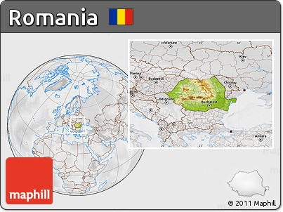 Physical Location Map of Romania, lighten, desaturated