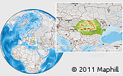 Physical Location Map of Romania, lighten, desaturated, land only