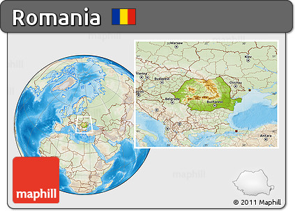 Physical Location Map of Romania, lighten, land only