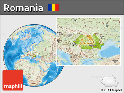 Physical Location Map of Romania, lighten, land only
