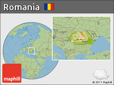 Physical Location Map of Romania, savanna style outside