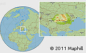 Physical Location Map of Romania, savanna style outside