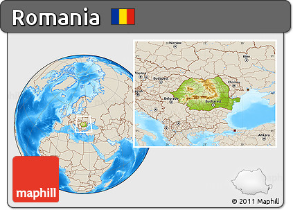 Physical Location Map of Romania, shaded relief outside