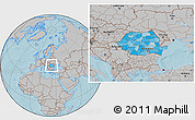 Political Location Map of Romania, gray outside, hill shading