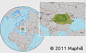 Satellite Location Map of Romania, gray outside