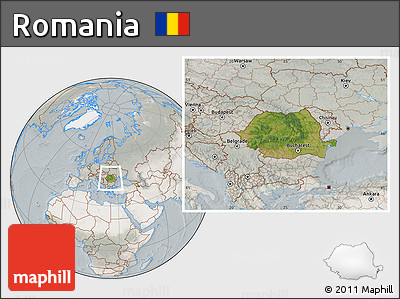 Satellite Location Map of Romania, lighten, semi-desaturated