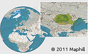 Satellite Location Map of Romania, lighten, semi-desaturated, land only