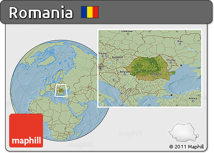 Satellite Location Map of Romania, savanna style outside, hill shading