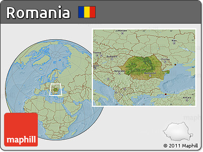 Satellite Location Map of Romania, savanna style outside, hill shading