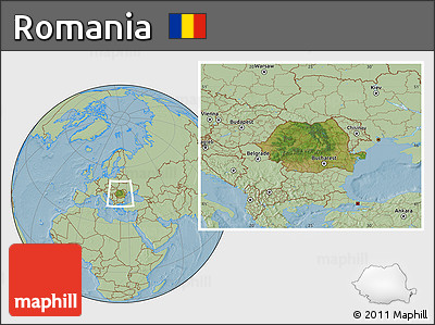 Satellite Location Map of Romania, savanna style outside, hill shading