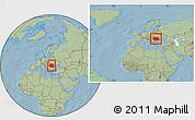 Savanna Style Location Map of Romania, within the entire continent, hill shading