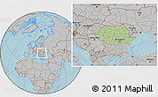 Savanna Style Location Map of Romania, gray outside, hill shading outside
