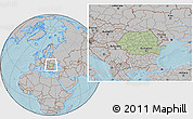 Savanna Style Location Map of Romania, gray outside, hill shading