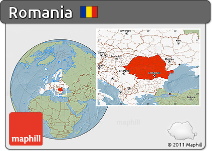 Savanna Style Location Map of Romania, highlighted continent, hill shading