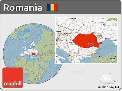 Savanna Style Location Map of Romania, highlighted continent, hill shading
