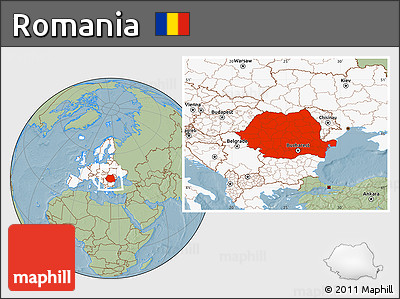 Savanna Style Location Map of Romania, highlighted continent, hill shading