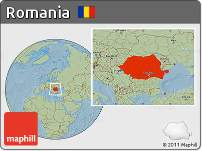 Savanna Style Location Map of Romania, hill shading