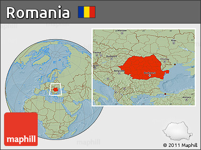 Savanna Style Location Map of Romania, hill shading
