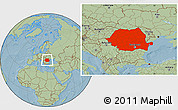 Savanna Style Location Map of Romania, hill shading