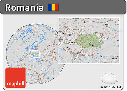 Savanna Style Location Map of Romania, lighten, desaturated, hill shading