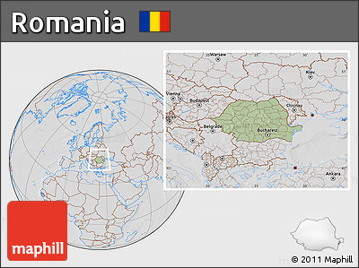 Savanna Style Location Map of Romania, lighten, desaturated, hill shading