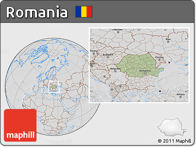 Savanna Style Location Map of Romania, lighten, desaturated, hill shading