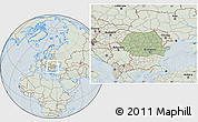 Savanna Style Location Map of Romania, lighten, hill shading