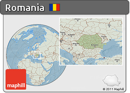 Savanna Style Location Map of Romania, lighten, land only, hill shading