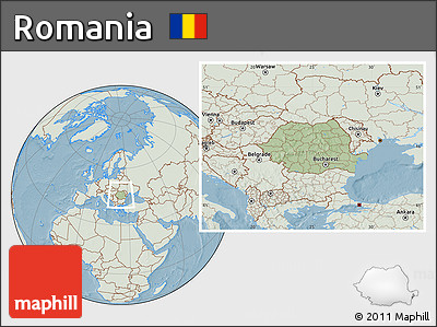 Savanna Style Location Map of Romania, lighten, land only, hill shading