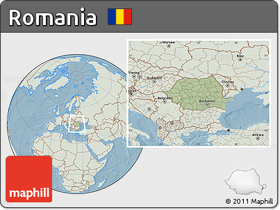 Savanna Style Location Map of Romania, lighten, land only, hill shading