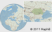 Savanna Style Location Map of Romania, lighten, land only, hill shading