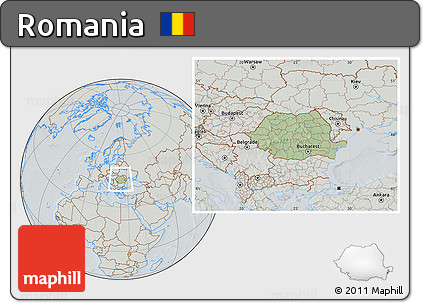 Savanna Style Location Map of Romania, lighten, semi-desaturated, hill shading