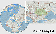 Savanna Style Location Map of Romania, lighten, semi-desaturated, land only, hill shading