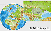 Savanna Style Location Map of Romania, physical outside, hill shading
