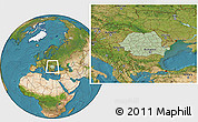 Savanna Style Location Map of Romania, satellite outside, hill shading