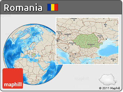 Savanna Style Location Map of Romania, shaded relief outside
