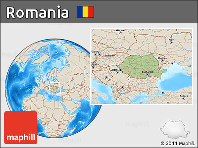 Savanna Style Location Map of Romania, shaded relief outside