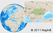 Savanna Style Location Map of Romania, shaded relief outside