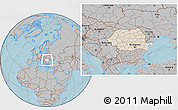Shaded Relief Location Map of Romania, gray outside, hill shading