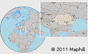 Shaded Relief Location Map of Romania, gray outside