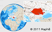 Shaded Relief Location Map of Romania, highlighted continent