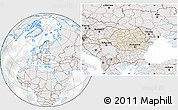 Shaded Relief Location Map of Romania, lighten, desaturated